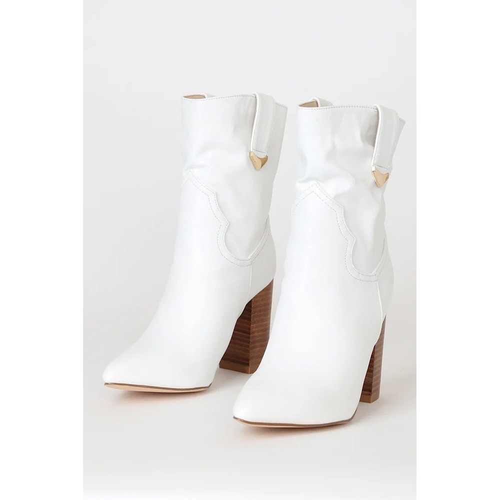 Lulus Taryne White Vegan Leather Western Mid-Calf Pointed Toe Block Heel Boots